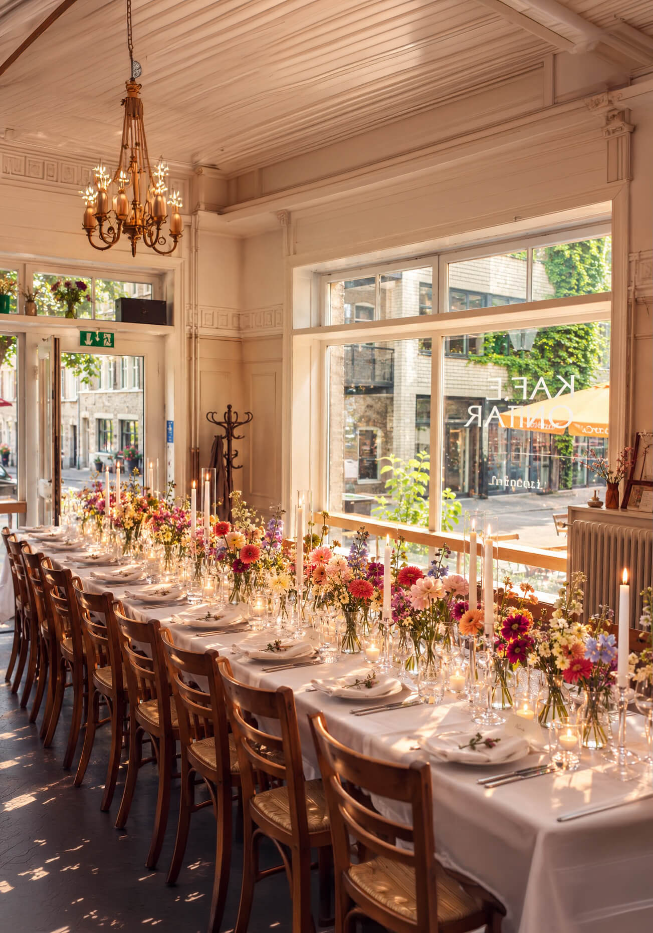 Festlich gedeckte, lange Tafel mit Blumen und Kerzen im Kafi Otmar